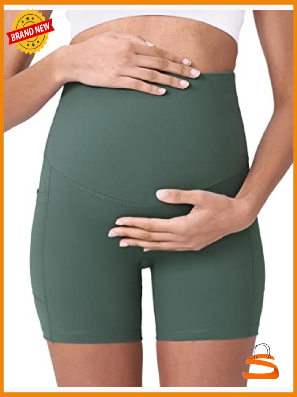 Maternity Yoga Shorts Over The Belly Summer Workout Active Shorts with Pockets - Picture 4 of 7